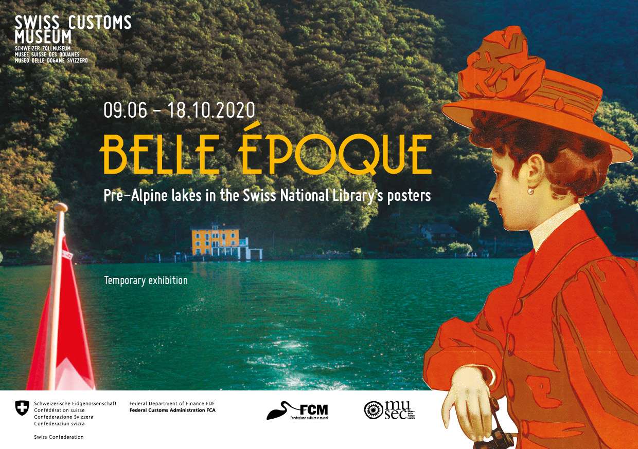 Teaser image for the exhibition Belle Époque: In the foreground sits a woman dressed in orange dress and hat which looks into the distance. In the background you can see Lake Lugano. On the shore you can see the Customs Museum. 